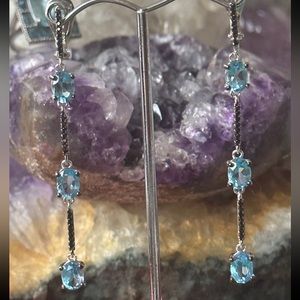Blue topaz black spinel long sterling silver earrings